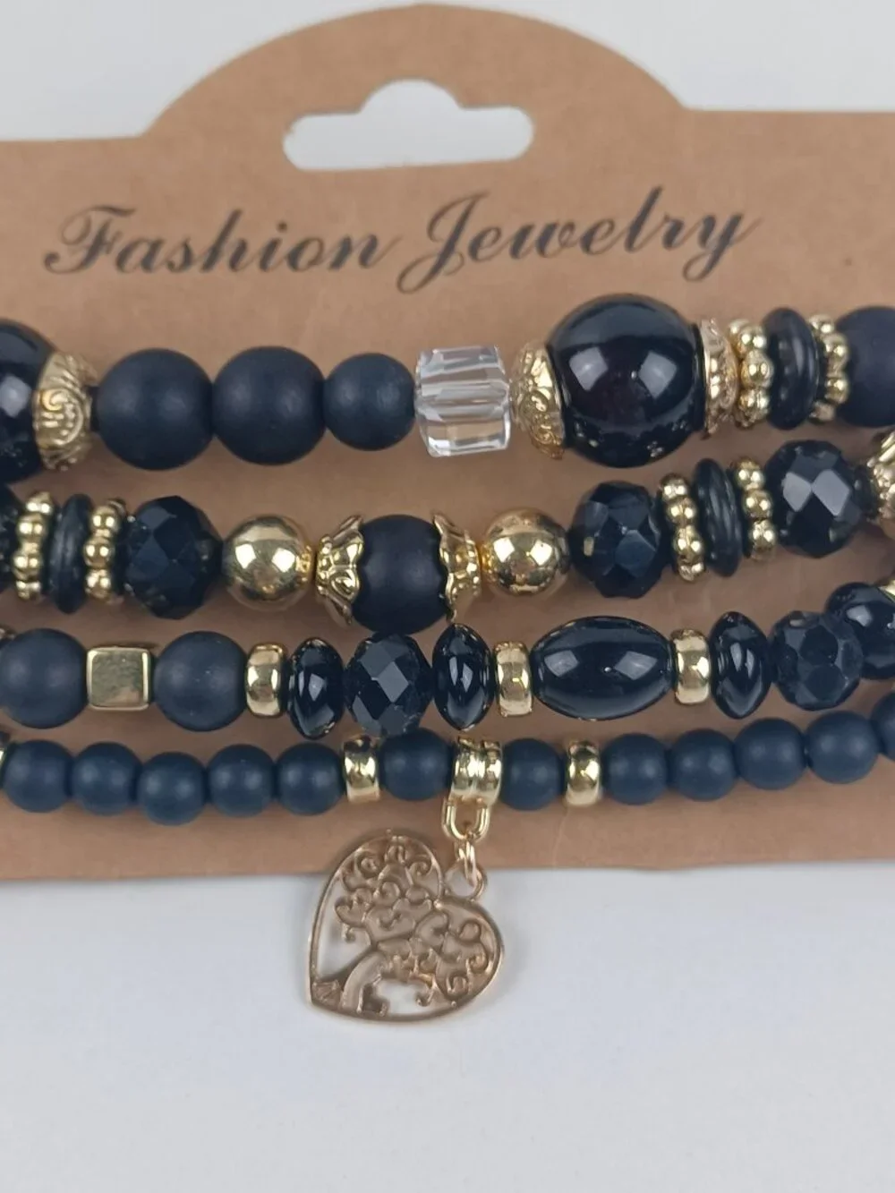 4-Piece Bohemian Beaded Bracelet Set - Black Heart & Tree Pendants